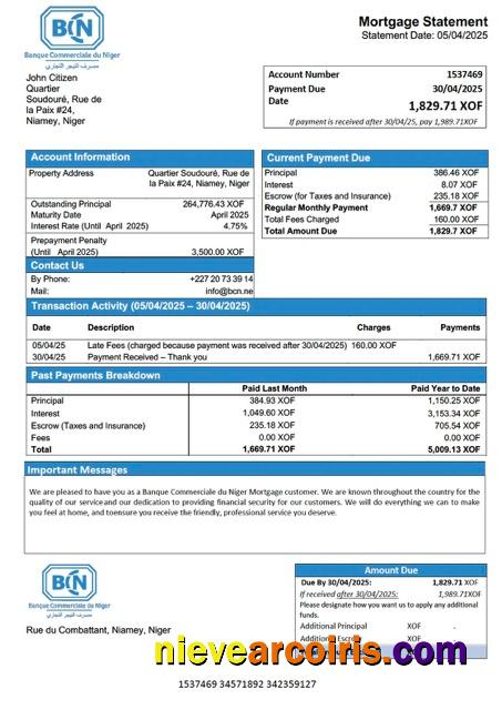 Niger Banque Commerciale du Niger (BCN) mortgage statement Word and PDF template